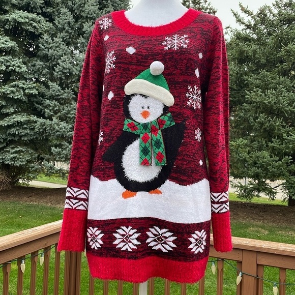 No Boundaries Sweaters - NOBO Red Penguin Snowflake Sweater, Large, Christmas Holiday Pullover, EUC
